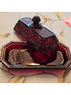 Ruby Red Vintage Glass Butter Dish Diamond Pattern Scalloped Edge JH8019
